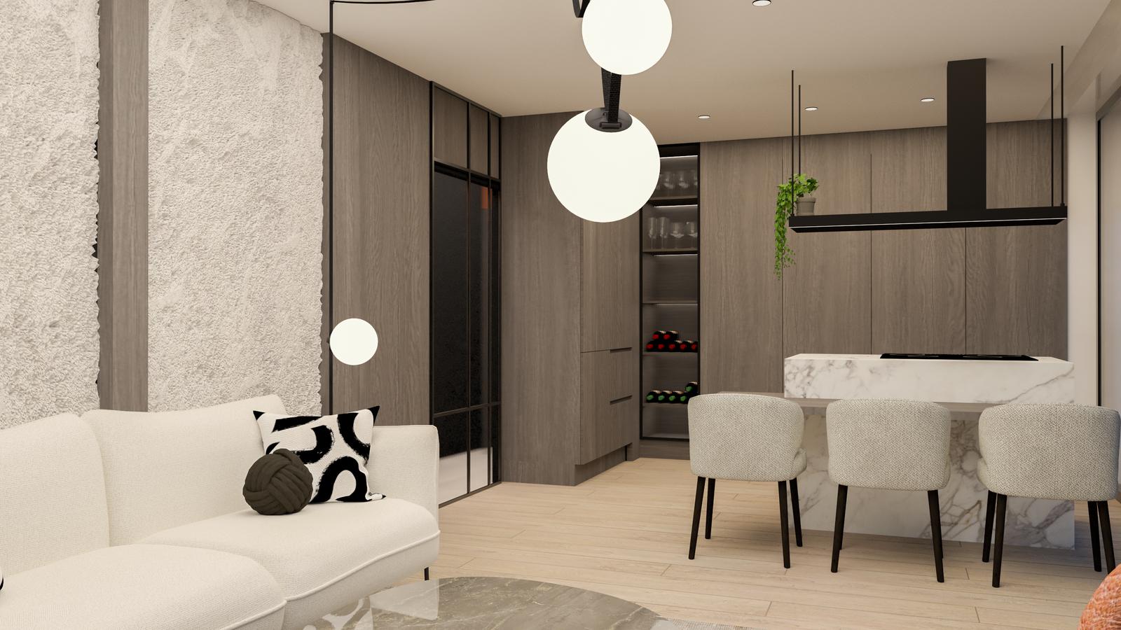 Dining area under globe pendants