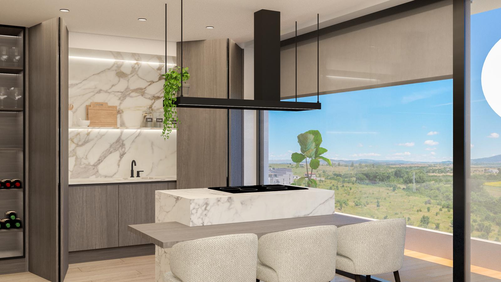 Kitchen island facing the window