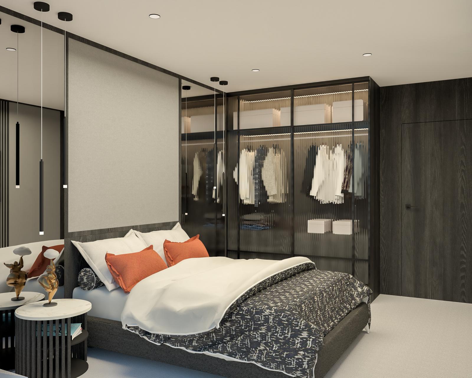 Bedroom with a glass wardrobe