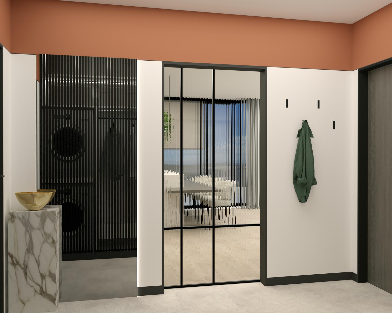 Hall with laundry behind glass doors