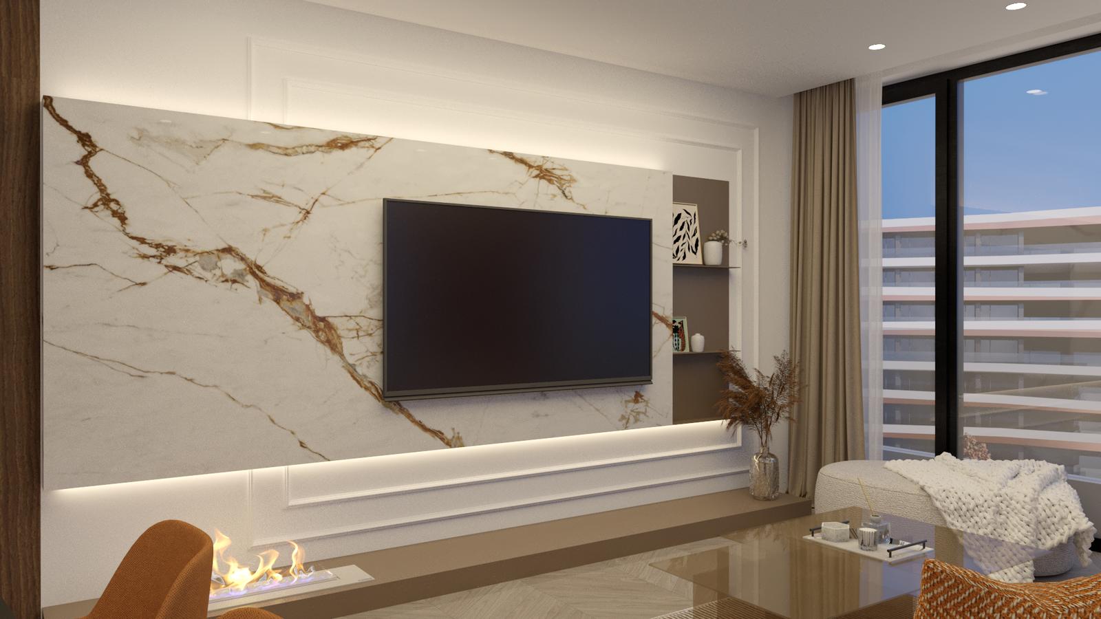 Marble media wall with a fireplace