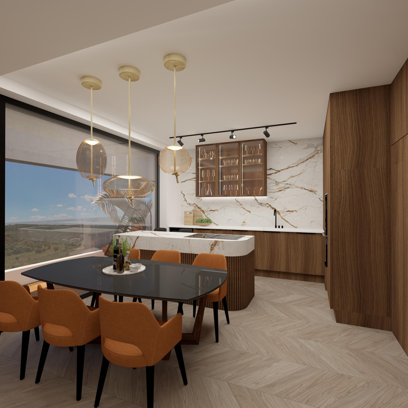 Dining table with orange chairs