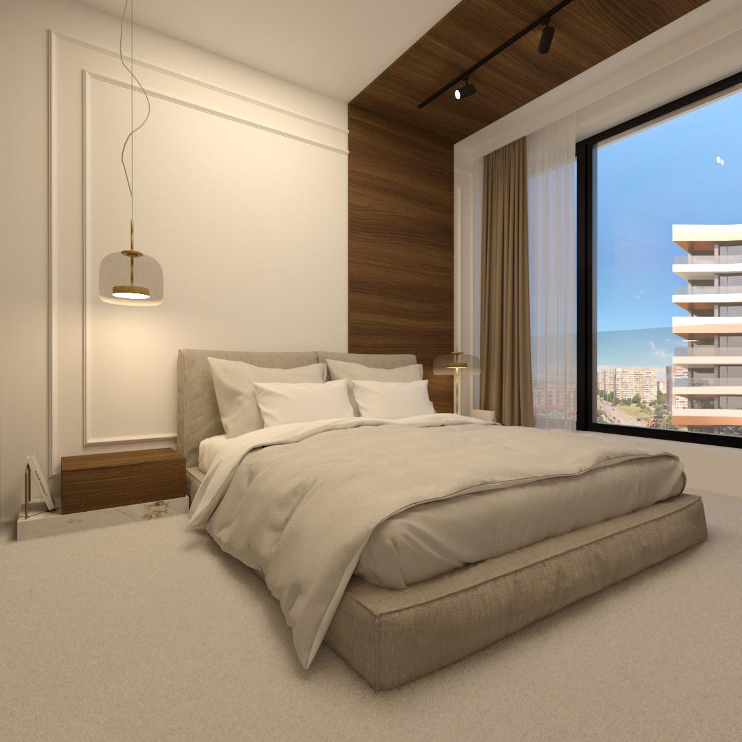 Main bedroom with a walnut panel