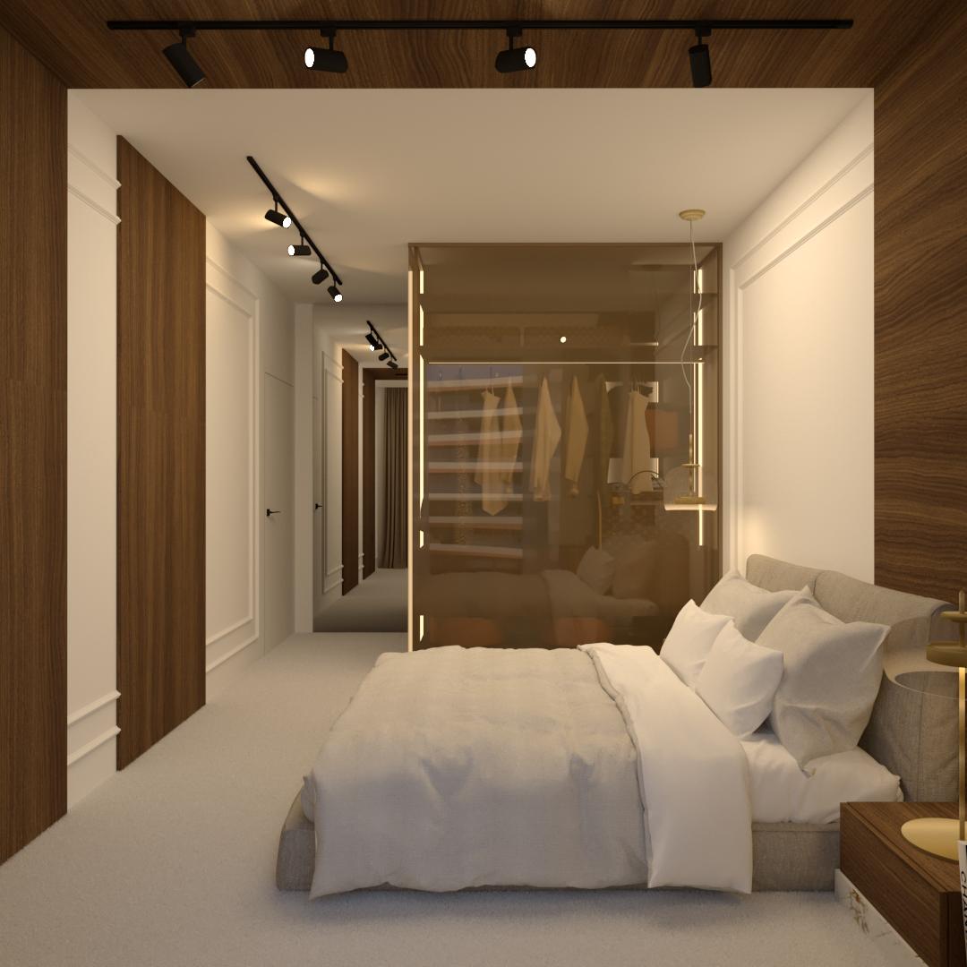 Bedroom with a glass wardrobe