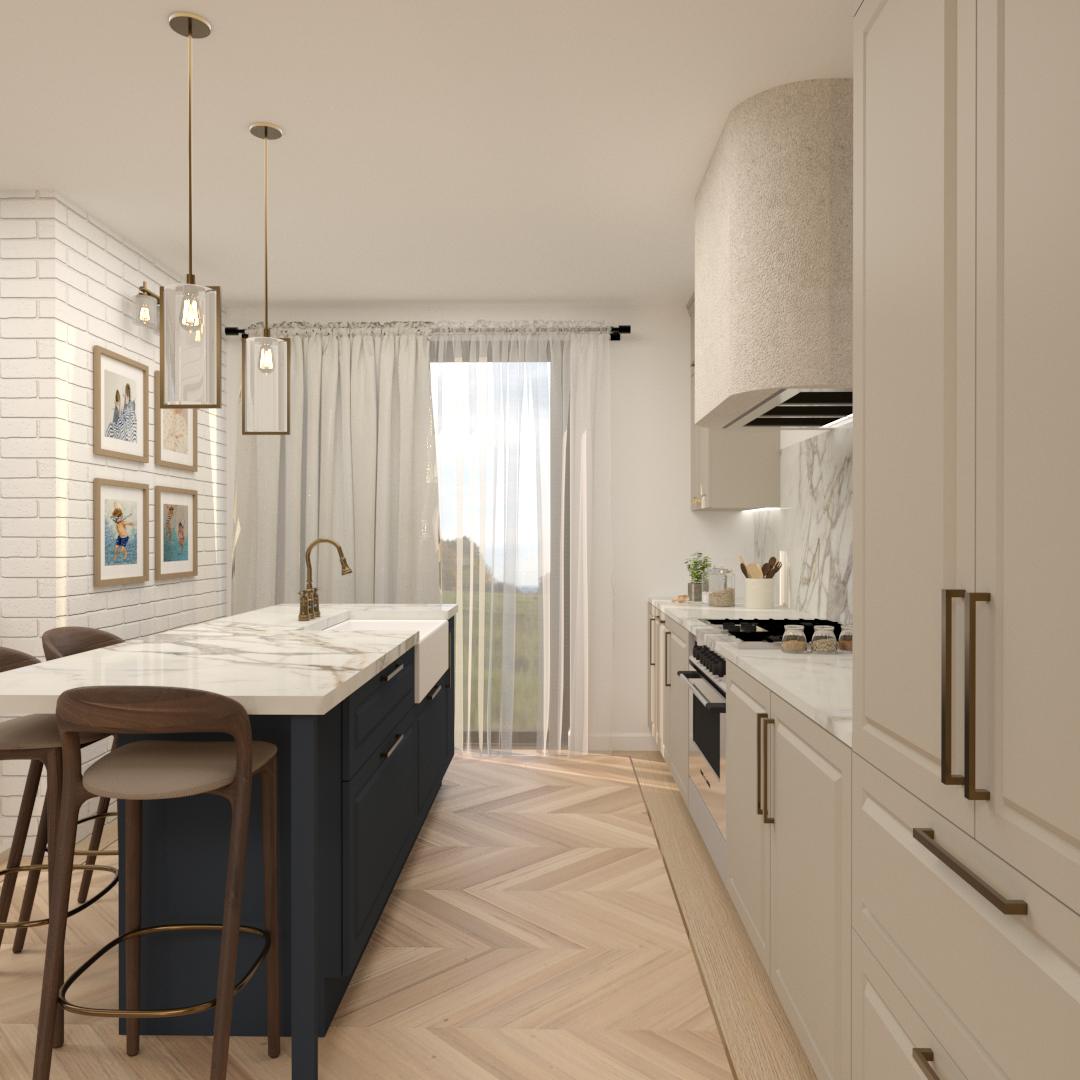 Kitchen with a navy island