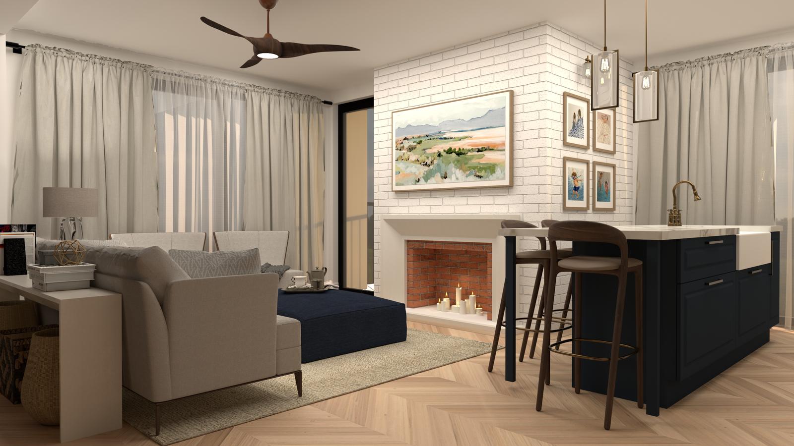 Living room with a fireplace and the kitchen island