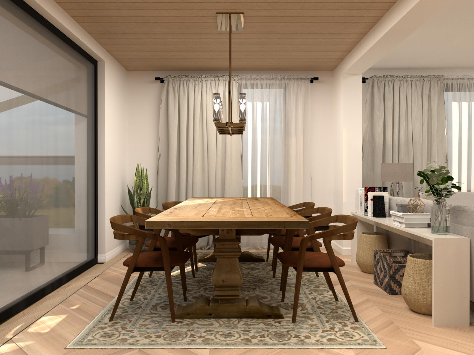 Dining room with a long timber table