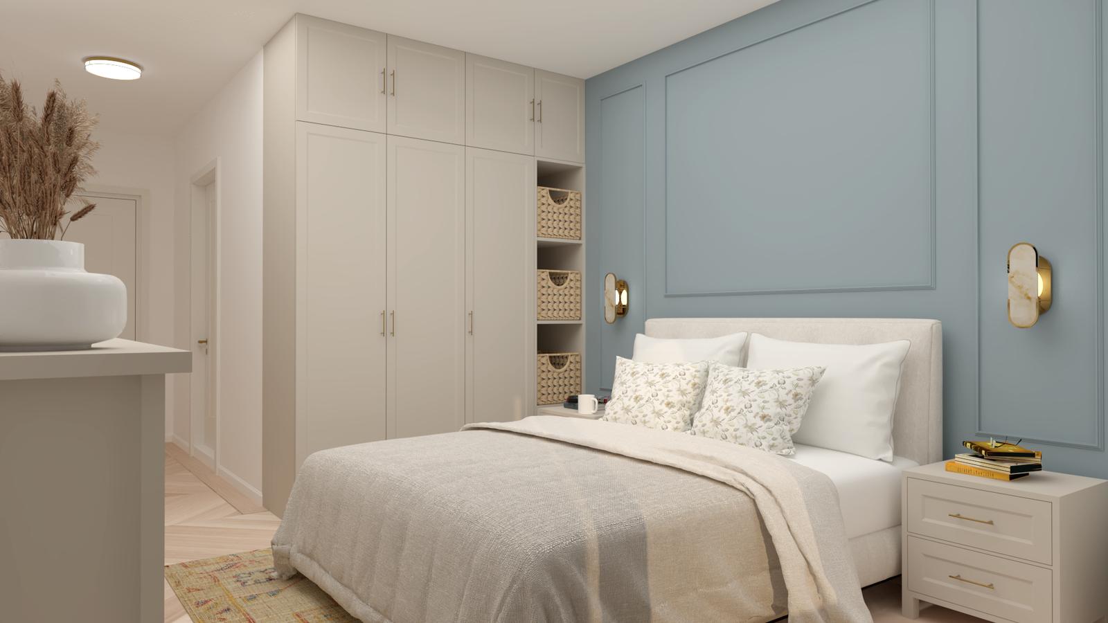 Bedroom with a blue panelled wall
