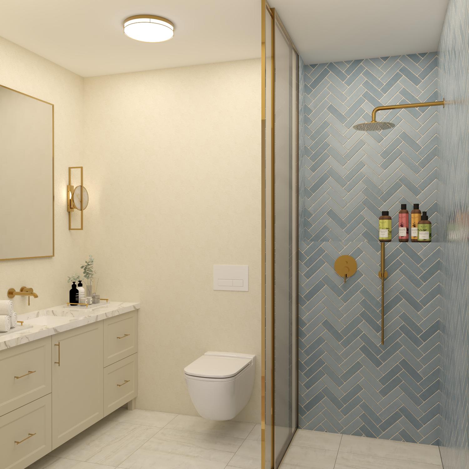 Bathroom with blue herringbone tiles