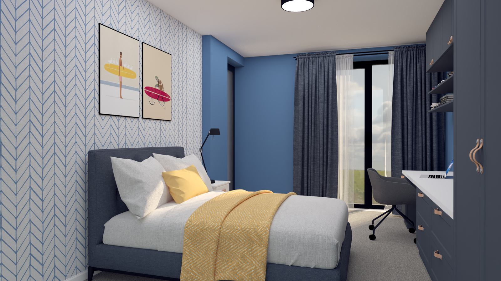 Boy’s bedroom with a herringbone wallpaper