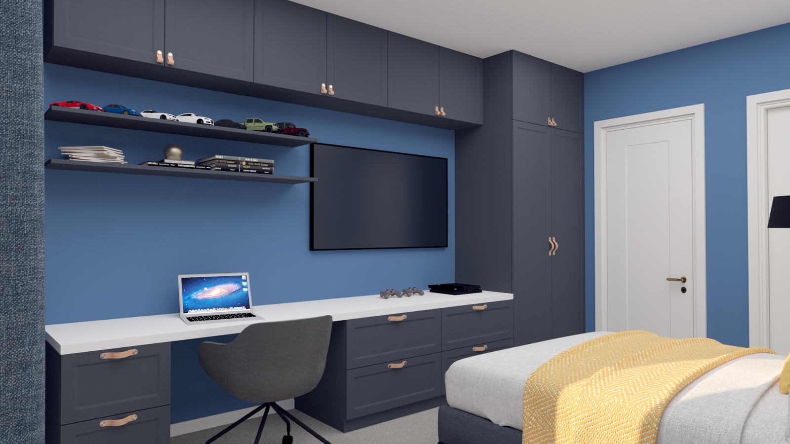 Built-in desk, shelves and wardrobe