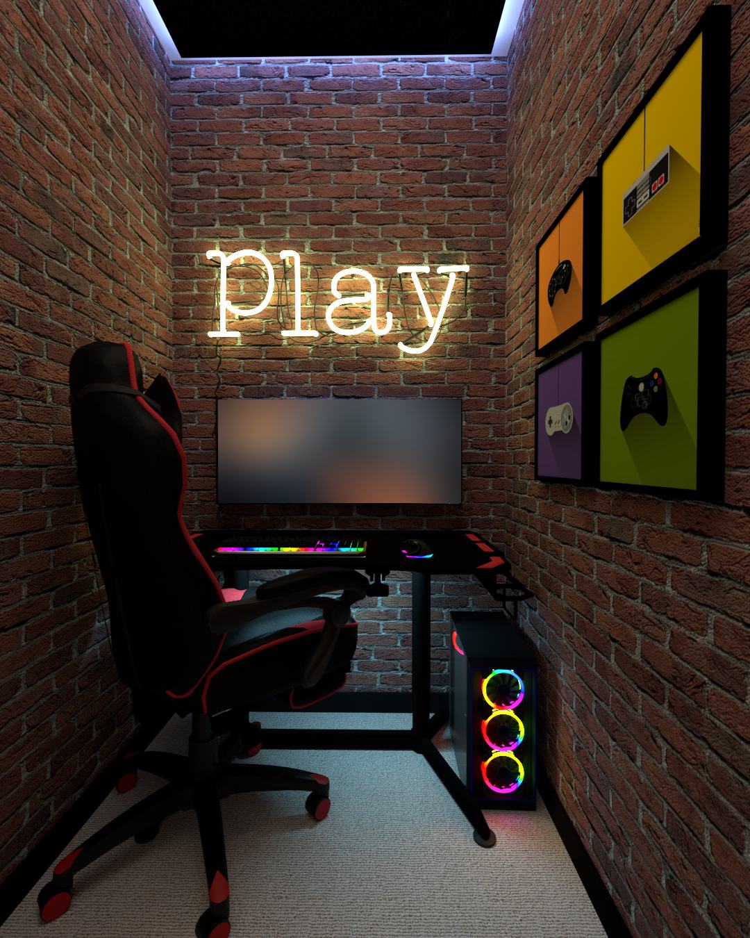 Game room with brick walls and a neon sign