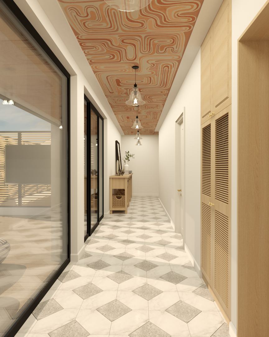 Hall with a patterned ceiling and glass pendants