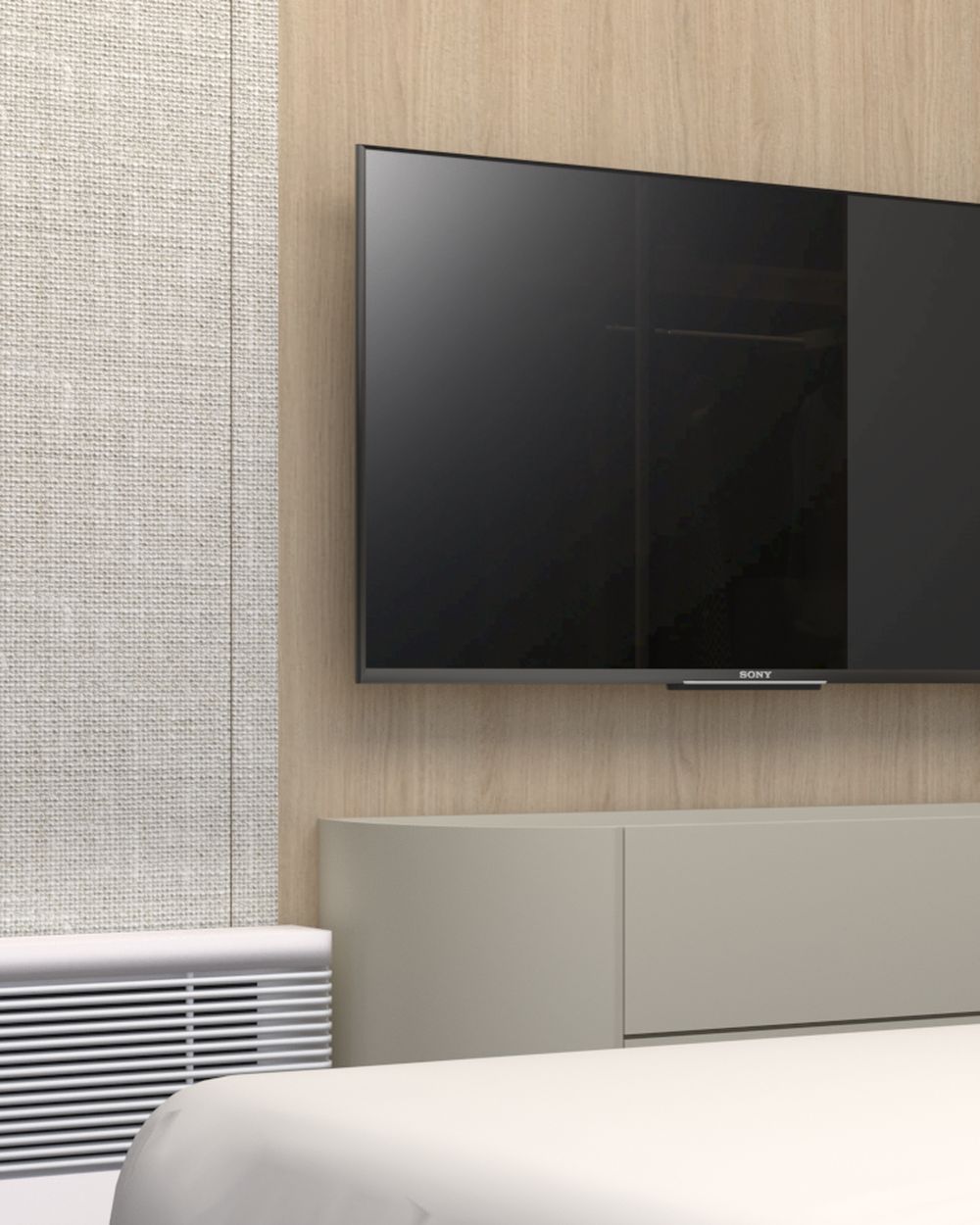 Bedroom visualisation with the chest under the TV