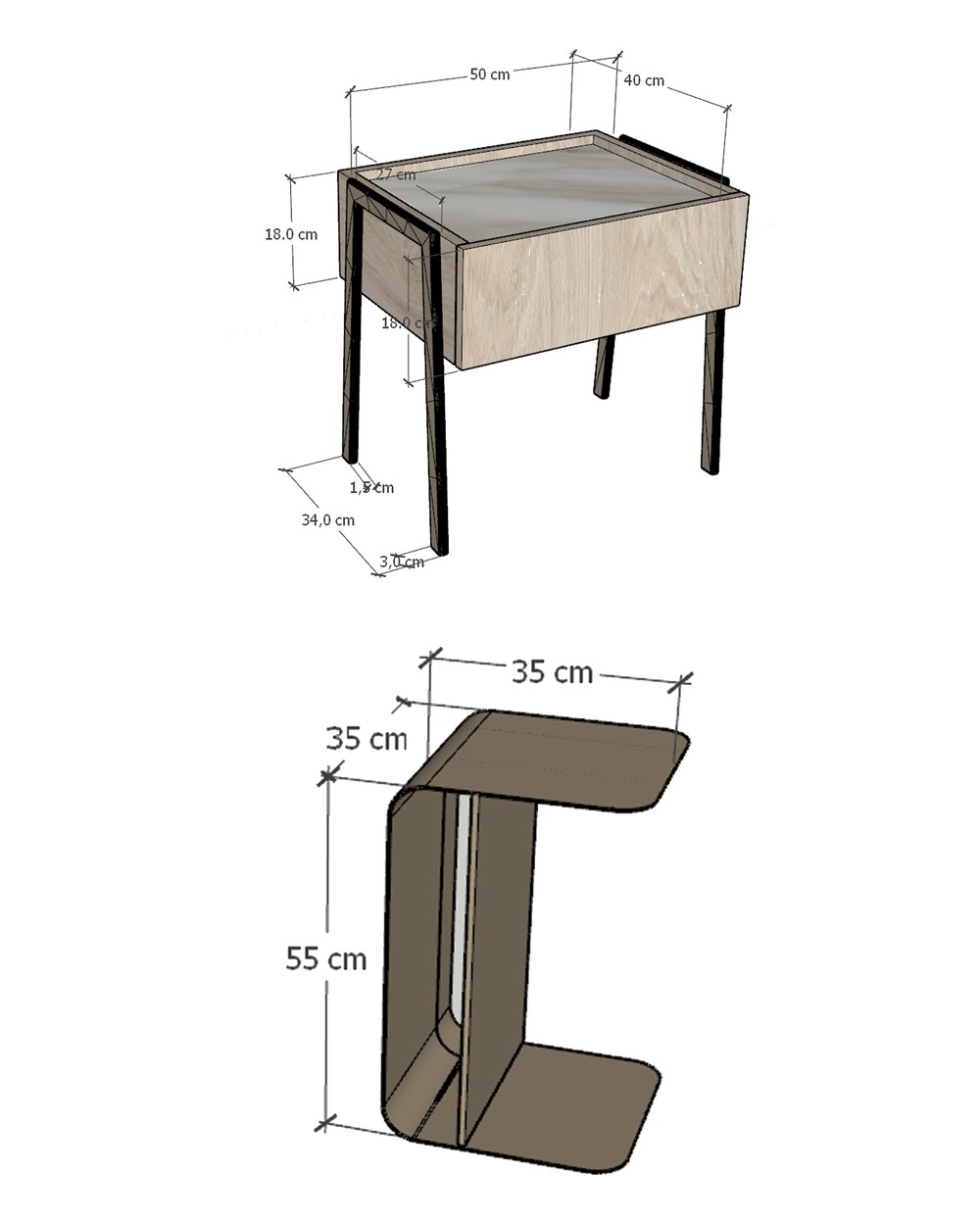 Bedside table and side table, technical drawings