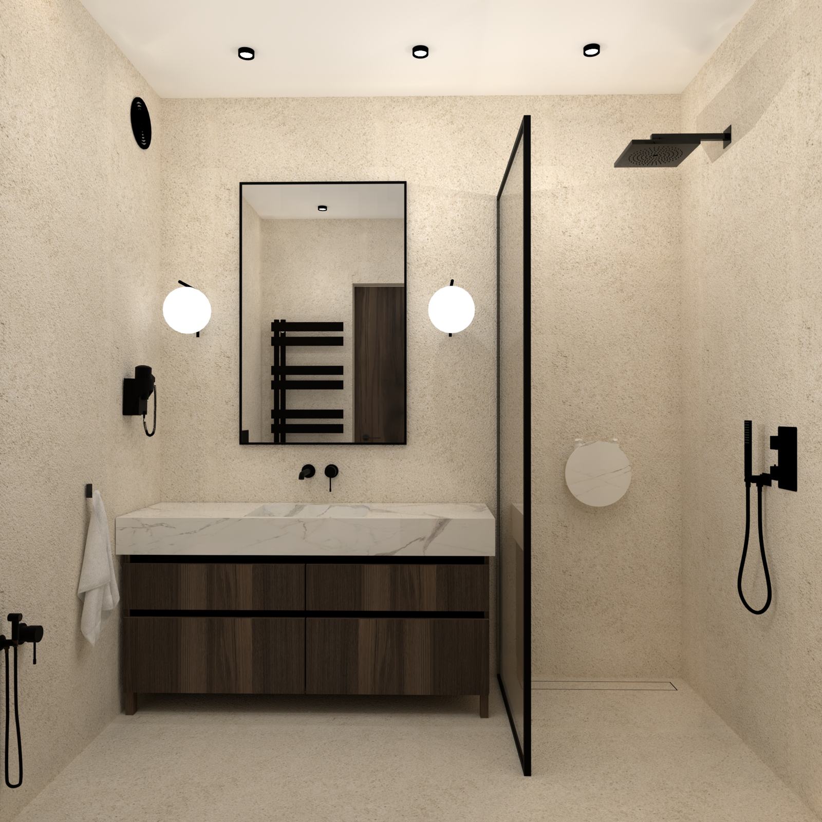 Bathroom in mineral plaster with a walnut vanity