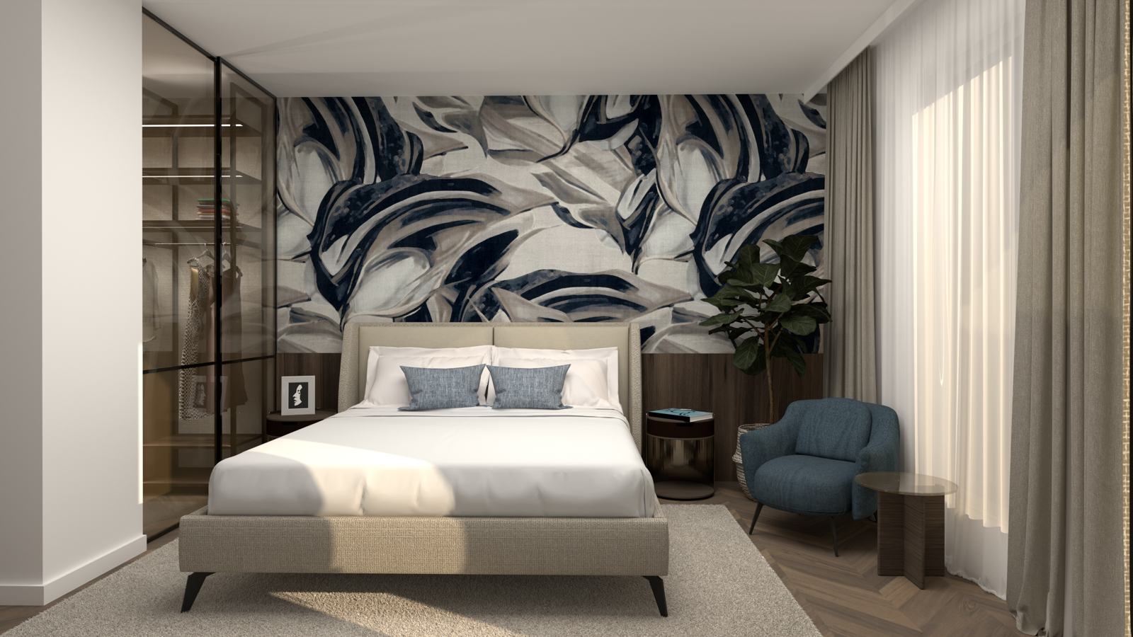 Bedroom with a navy mural and walnut panelling