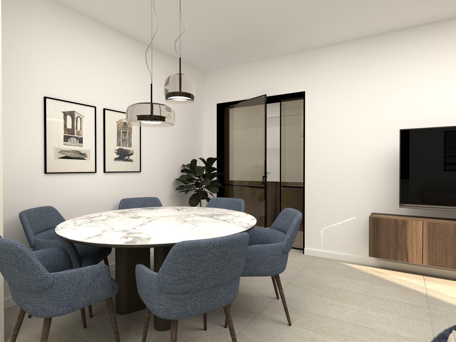 Round marble dining table with blue chairs