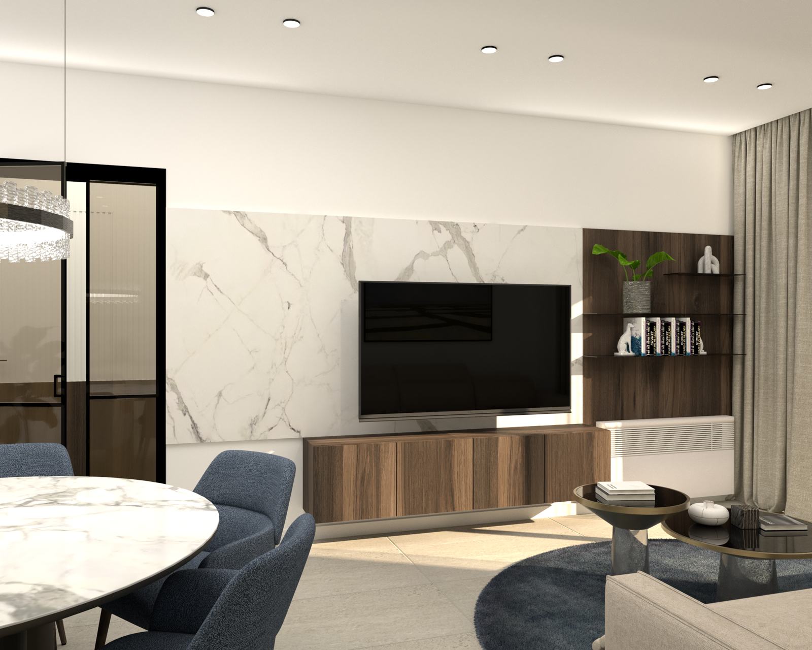 Living room with a marble TV wall and walnut shelving