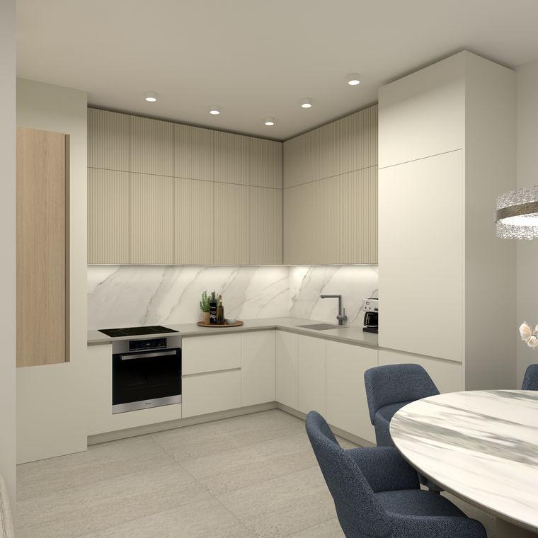 Kitchen in pale stone and timber